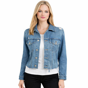 Lucky Brand Ripped Jean Jacket Frayed Crop Hem Stretch Boho Womens Size M
